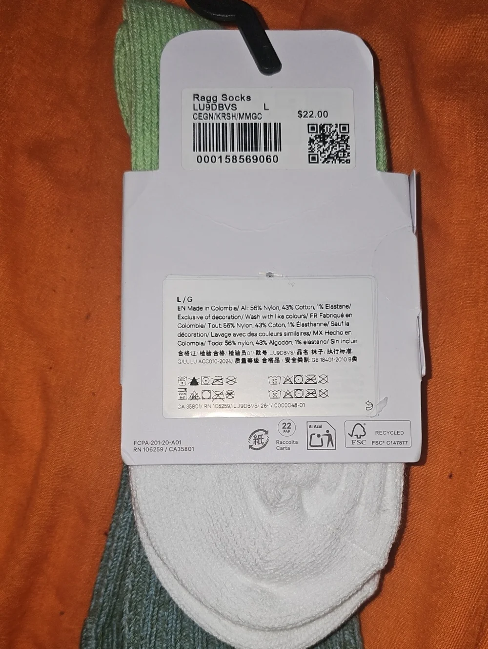Lululemon Ragg Socks Sz Large,Nwts!! Crew Length!CEGN/KRSH/MMGC!!